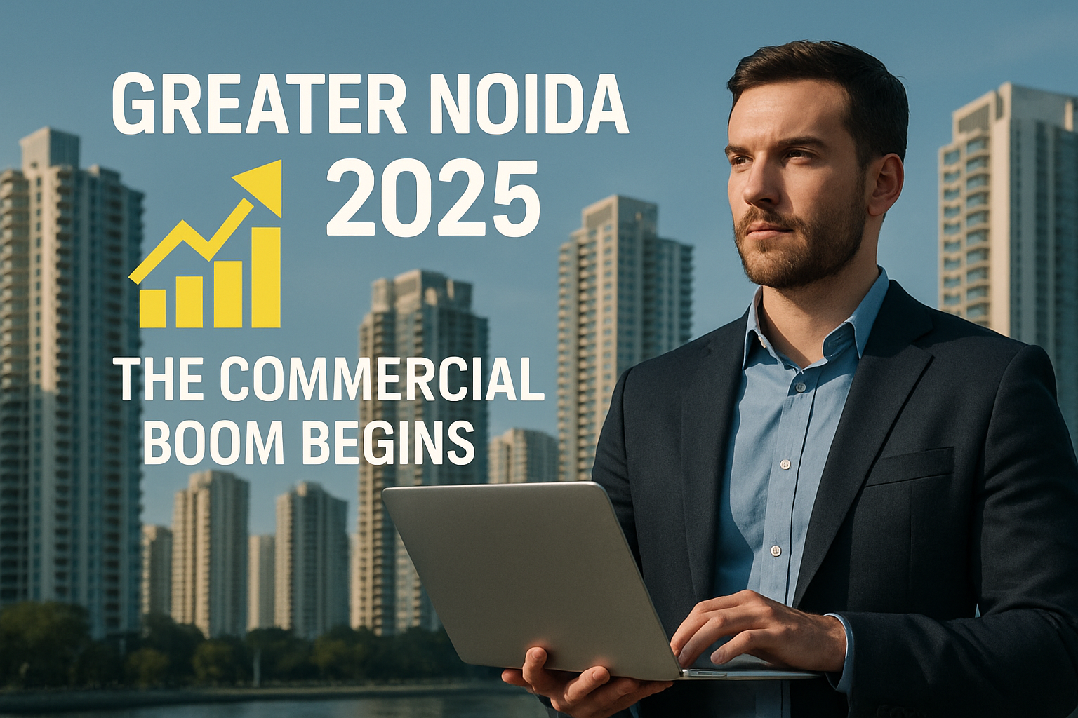 A professional man using a laptop in front of modern residential high-rise buildings with a growth chart icon and the text “Greater Noida 2025 – The Commercial Boom Begins,” representing rising demand for commercial property in Greater Noida.